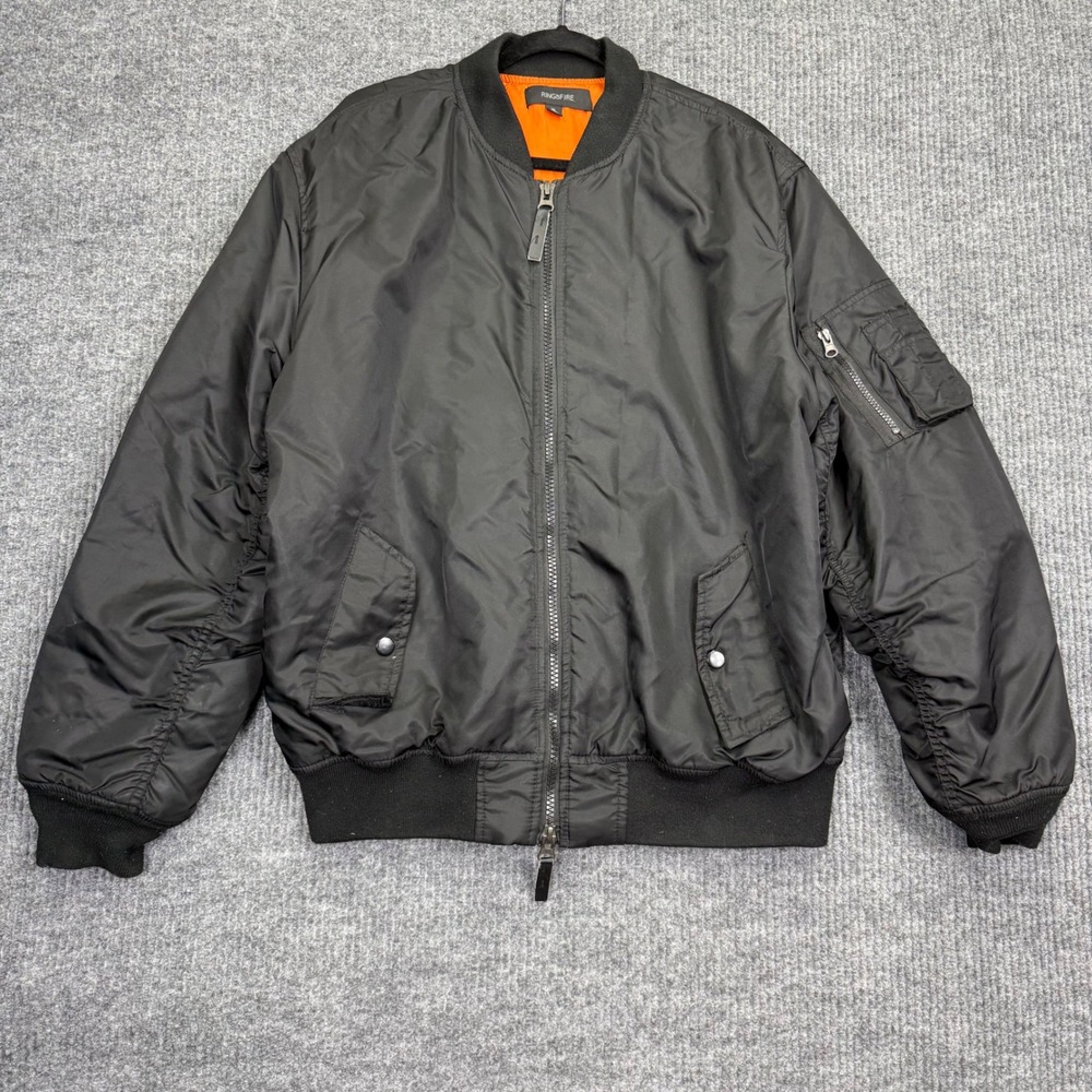 Ring of Fire Mens Black Bomber Jacket XL Orange Lining MA-1 Flight Jacket